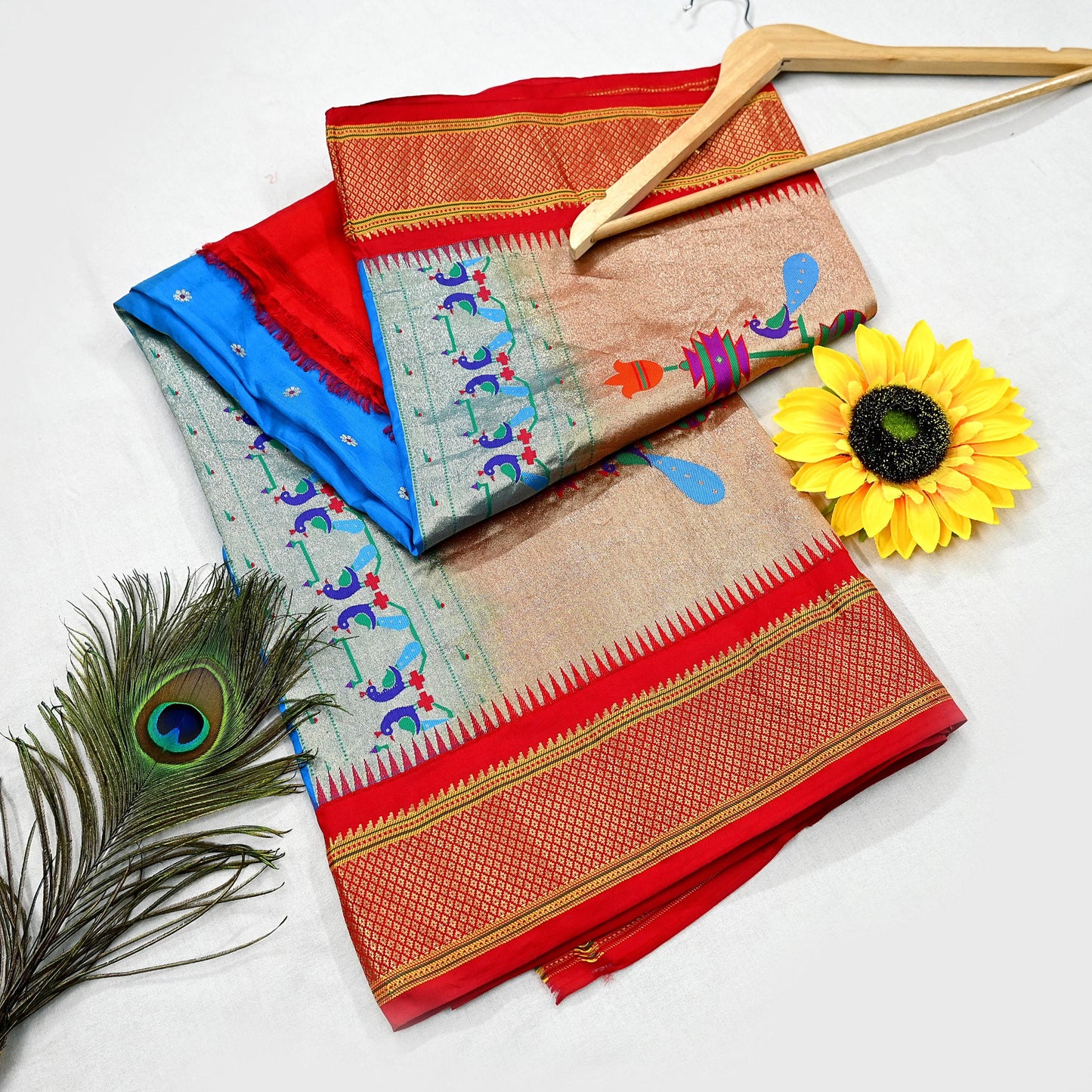 Indian Vintage Dupatta Blue & Red Artificial Silk Long Stole Hand Woven Paithani Scarves Veil Golden Zari Soft Peacock Design