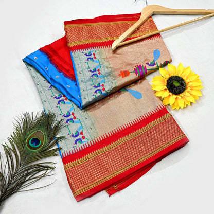 Indian Vintage Dupatta Blue & Red Artificial Silk Long Stole Hand Woven Paithani Scarves Veil Golden Zari Soft Peacock Design