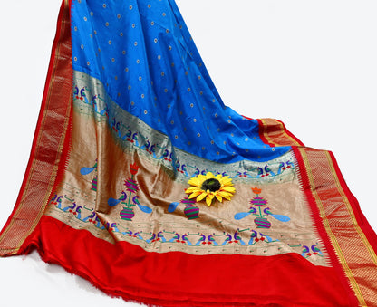 Indian Vintage Dupatta Blue & Red Artificial Silk Long Stole Hand Woven Paithani Scarves Veil Golden Zari Soft Peacock Design