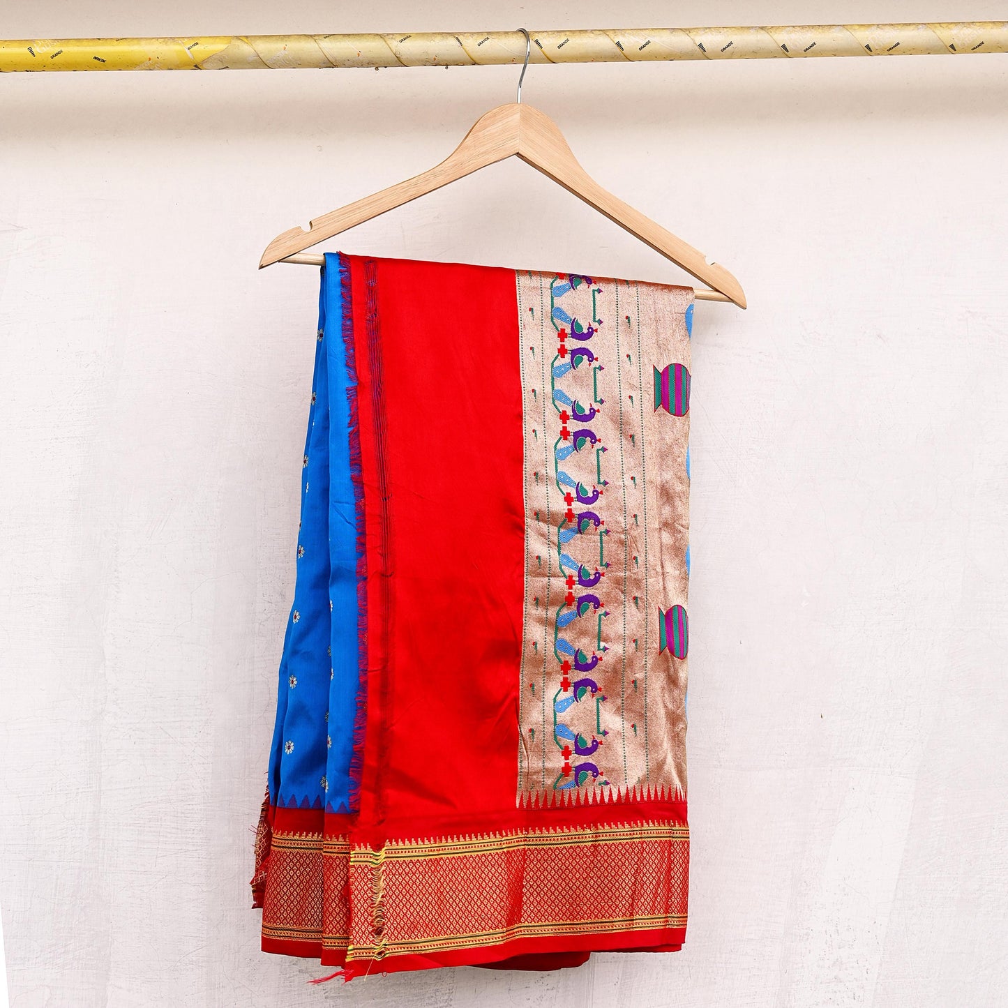 Indian Vintage Dupatta Blue & Red Artificial Silk Long Stole Hand Woven Paithani Scarves Veil Golden Zari Soft Peacock Design