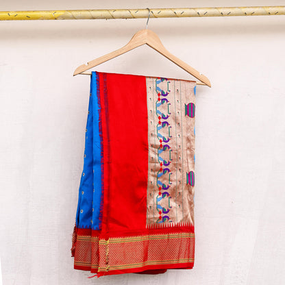 Indian Vintage Dupatta Blue & Red Artificial Silk Long Stole Hand Woven Paithani Scarves Veil Golden Zari Soft Peacock Design
