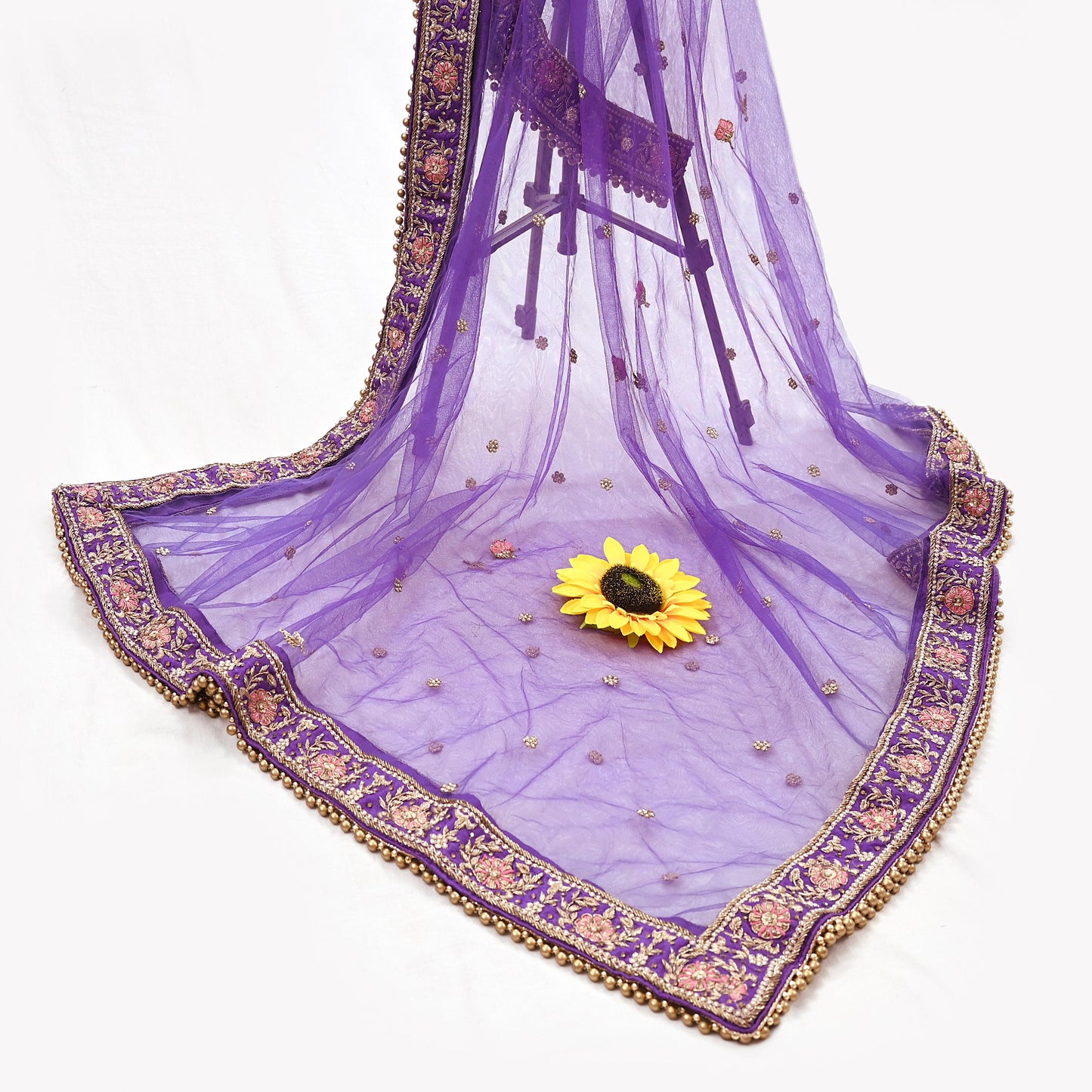 Indian party wear Purple Net Raw silk Hand Embroidered Semi Stitched Lehenga Set of 3pcs Bollywood style wedding wear