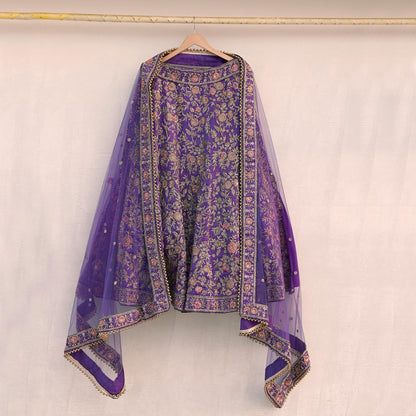 Indian party wear Purple Net Raw silk Hand Embroidered Semi Stitched Lehenga Set of 3pcs Bollywood style wedding wear