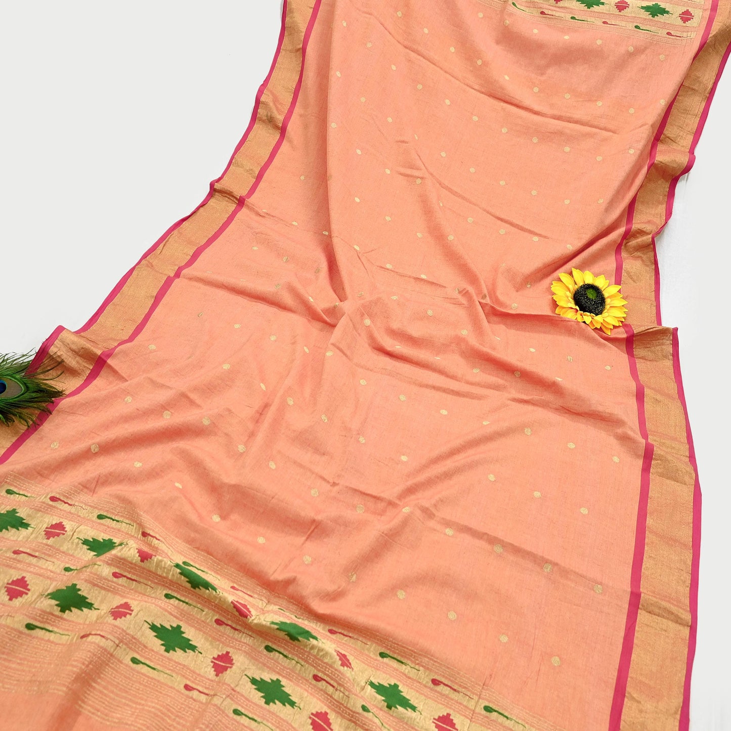 Indian Vintage Dupatta Pink & Peach Pure Cotton Long Stole Handloom Paithani Dupatta Scarves Veil Tissue Silk Muniya Border