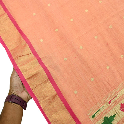 Indian Vintage Dupatta Pink & Peach Pure Cotton Long Stole Handloom Paithani Dupatta Scarves Veil Tissue Silk Muniya Border