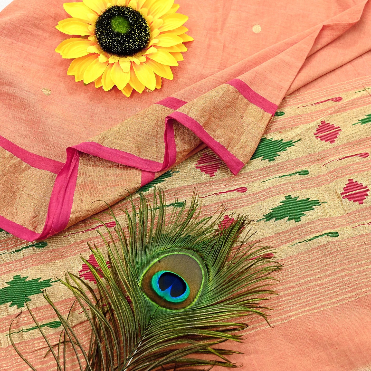 Indian Vintage Dupatta Pink & Peach Pure Cotton Long Stole Handloom Paithani Dupatta Scarves Veil Tissue Silk Muniya Border