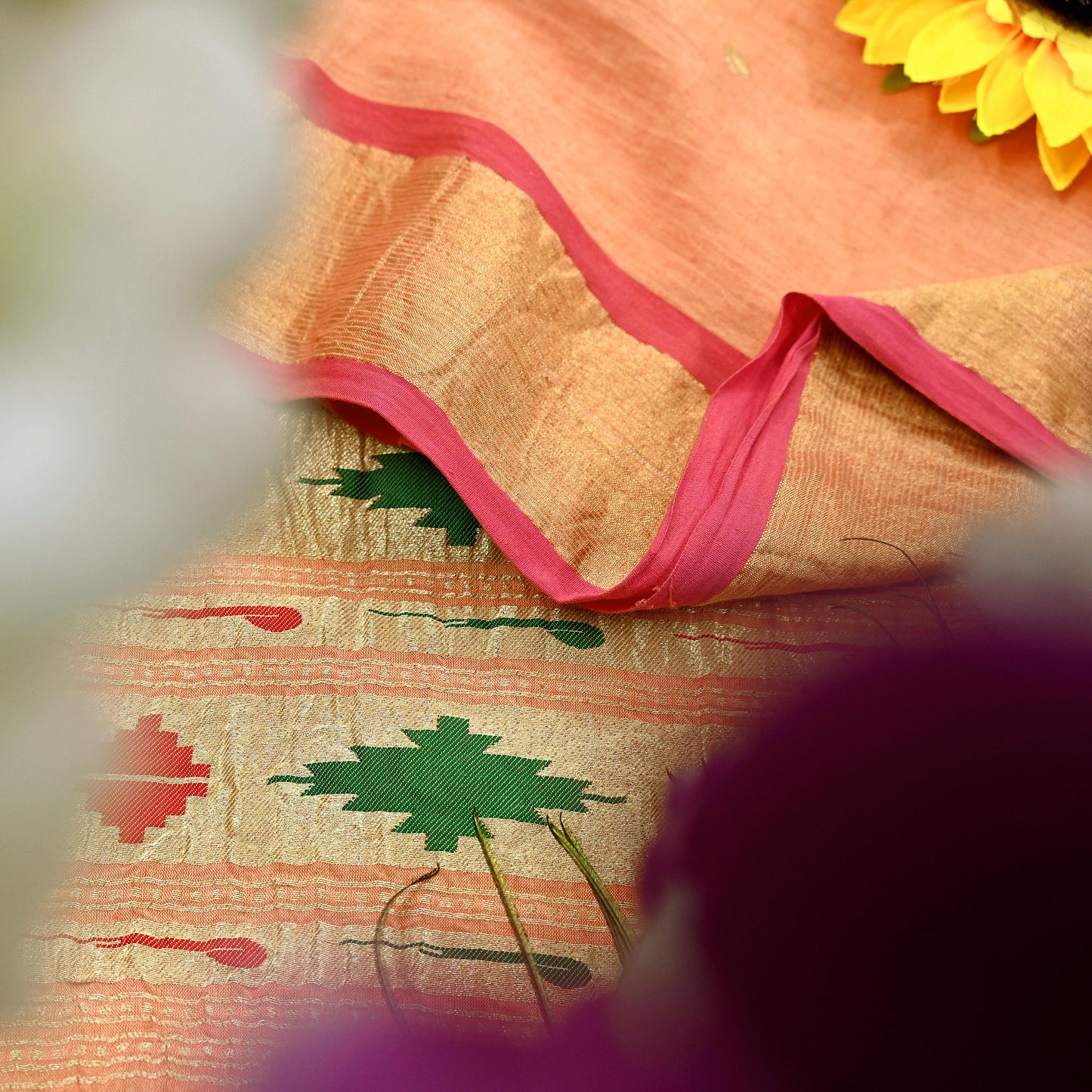 Indian Vintage Dupatta Pink & Peach Pure Cotton Long Stole Handloom Paithani Dupatta Scarves Veil Tissue Silk Muniya Border