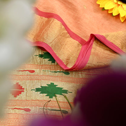 Indian Vintage Dupatta Pink & Peach Pure Cotton Long Stole Handloom Paithani Dupatta Scarves Veil Tissue Silk Muniya Border