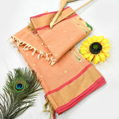 Indian Vintage Dupatta Pink & Peach Pure Cotton Long Stole Handloom Paithani Dupatta Scarves Veil Tissue Silk Muniya Border