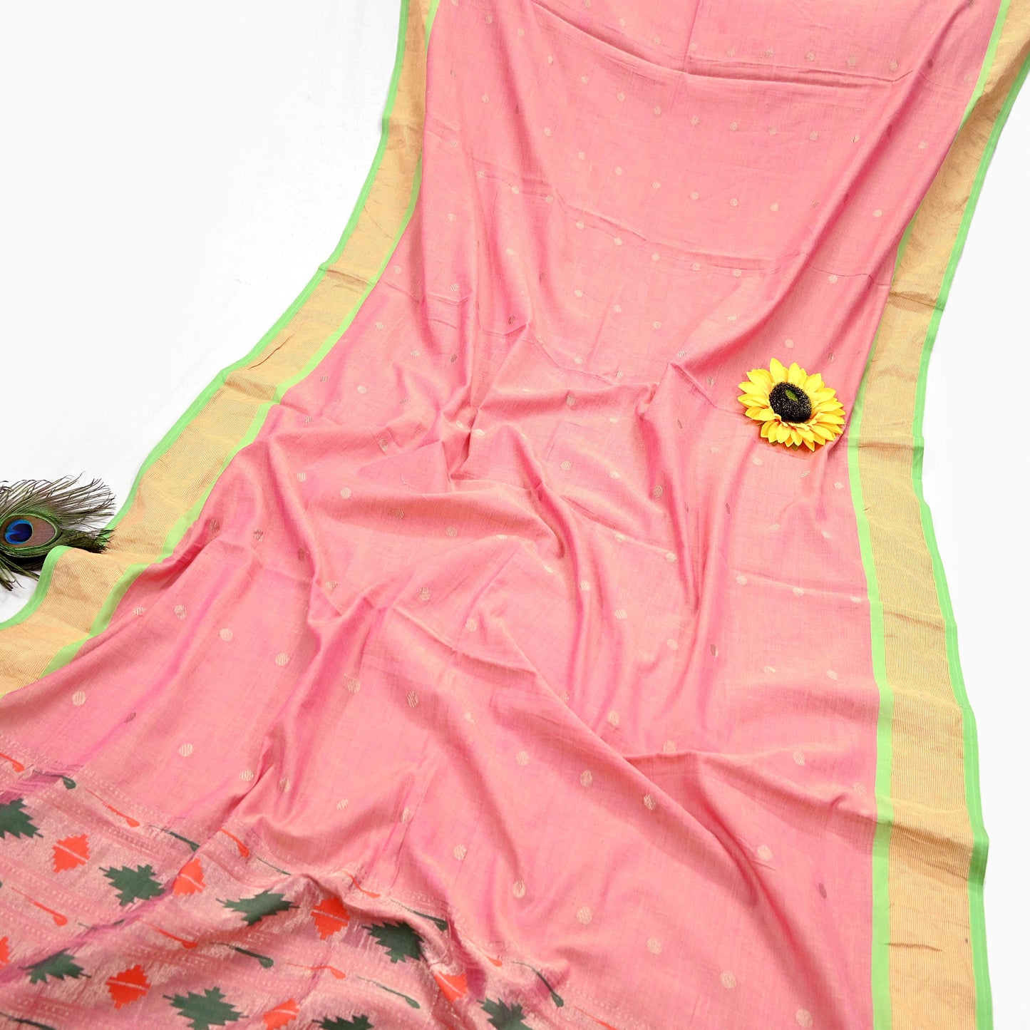 Indian Vintage Dupatta Pink Pure Cotton Long Stole Handloom Paithani Dupatta Scarves Veil Tissue Silk Muniya Border