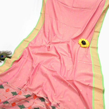 Indian Vintage Dupatta Pink Pure Cotton Long Stole Handloom Paithani Dupatta Scarves Veil Tissue Silk Muniya Border