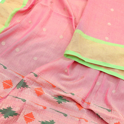 Indian Vintage Dupatta Pink Pure Cotton Long Stole Handloom Paithani Dupatta Scarves Veil Tissue Silk Muniya Border