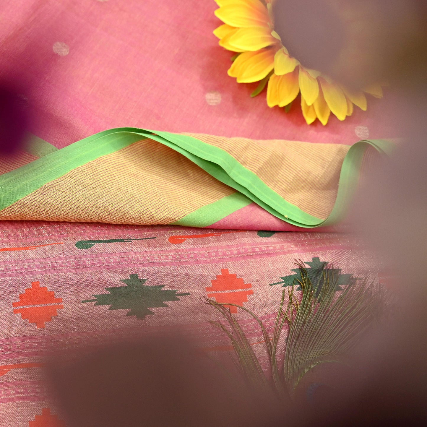 Indian Vintage Dupatta Pink Pure Cotton Long Stole Handloom Paithani Dupatta Scarves Veil Tissue Silk Muniya Border