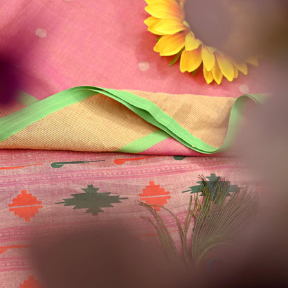 Indian Vintage Dupatta Pink Pure Cotton Long Stole Handloom Paithani Dupatta Scarves Veil Tissue Silk Muniya Border