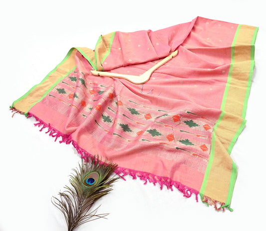 Indian Vintage Dupatta Pink Pure Cotton Long Stole Handloom Paithani Dupatta Scarves Veil Tissue Silk Muniya Border