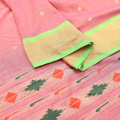 Indian Vintage Dupatta Pink Pure Cotton Long Stole Handloom Paithani Dupatta Scarves Veil Tissue Silk Muniya Border