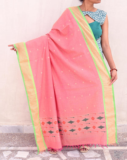 Indian Vintage Dupatta Pink Pure Cotton Long Stole Handloom Paithani Dupatta Scarves Veil Tissue Silk Muniya Border