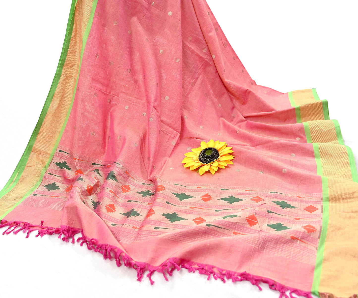 Indian Vintage Dupatta Pink Pure Cotton Long Stole Handloom Paithani Dupatta Scarves Veil Tissue Silk Muniya Border