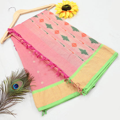 Indian Vintage Dupatta Pink Pure Cotton Long Stole Handloom Paithani Dupatta Scarves Veil Tissue Silk Muniya Border
