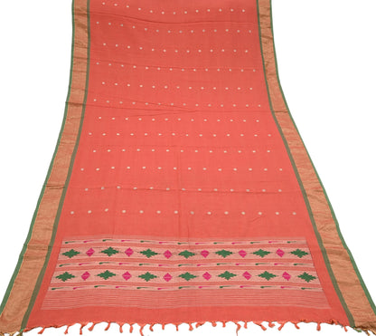 Indian Vintage Dupatta Orange Pure Cotton Long Stole Handloom Paithani Dupatta Scarves Veil Tissue Silk Muniya Border Fringes