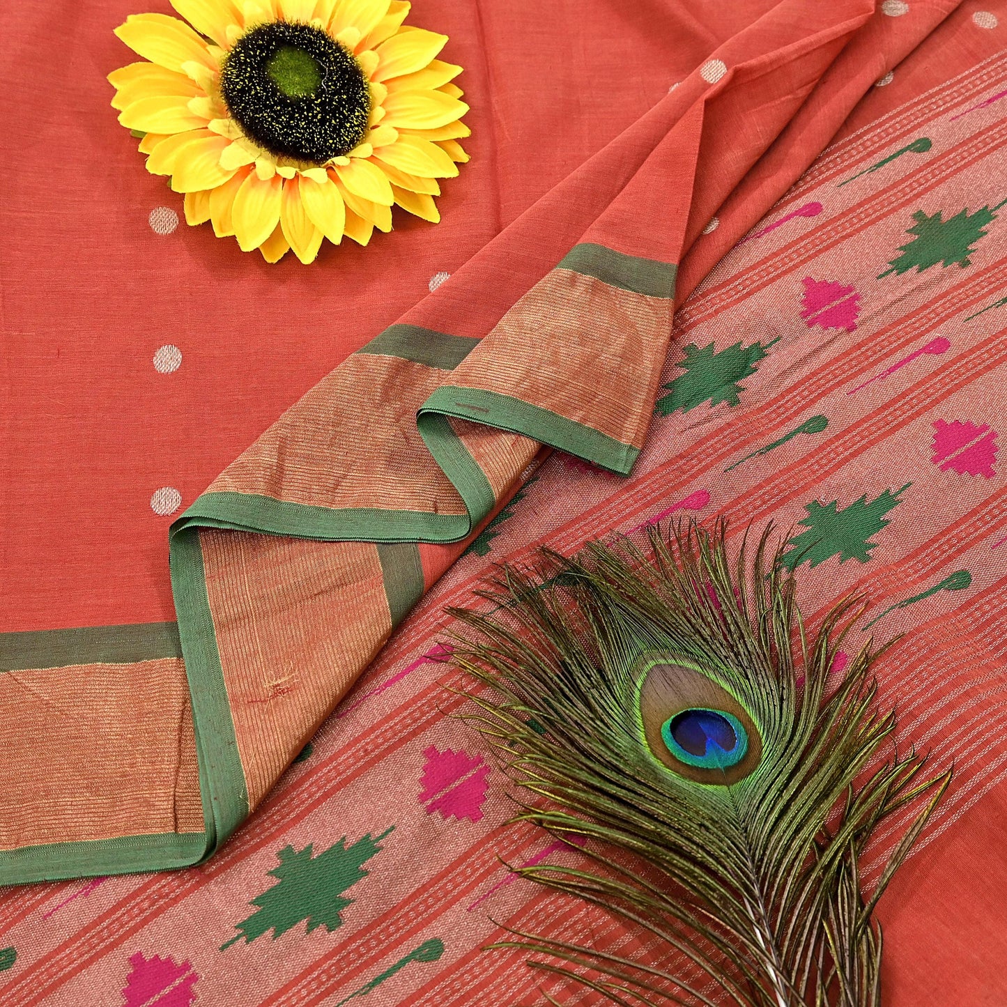 Indian Vintage Dupatta Orange Pure Cotton Long Stole Handloom Paithani Dupatta Scarves Veil Tissue Silk Muniya Border Fringes