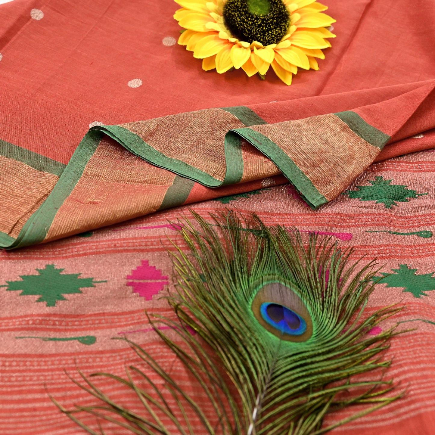 Indian Vintage Dupatta Orange Pure Cotton Long Stole Handloom Paithani Dupatta Scarves Veil Tissue Silk Muniya Border Fringes