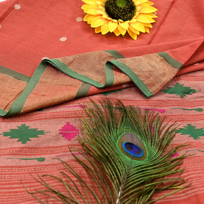 Indian Vintage Dupatta Orange Pure Cotton Long Stole Handloom Paithani Dupatta Scarves Veil Tissue Silk Muniya Border Fringes