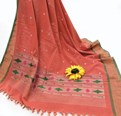 Indian Vintage Dupatta Orange Pure Cotton Long Stole Handloom Paithani Dupatta Scarves Veil Tissue Silk Muniya Border Fringes
