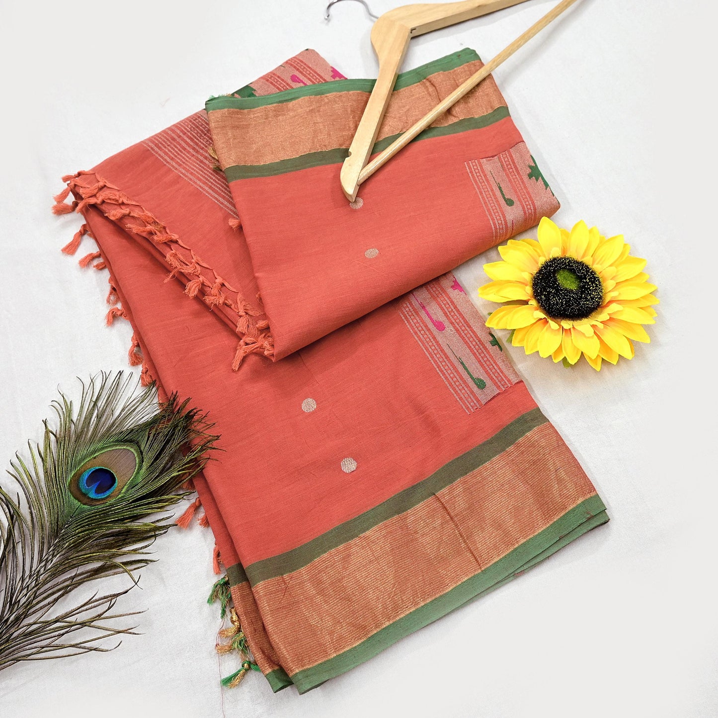 Indian Vintage Dupatta Orange Pure Cotton Long Stole Handloom Paithani Dupatta Scarves Veil Tissue Silk Muniya Border Fringes