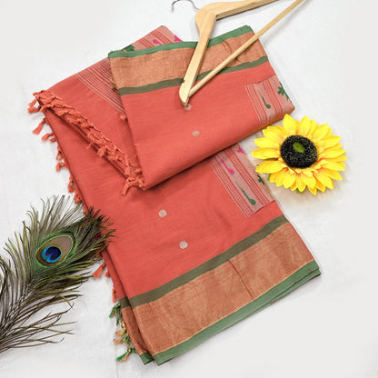 Indian Vintage Dupatta Orange Pure Cotton Long Stole Handloom Paithani Dupatta Scarves Veil Tissue Silk Muniya Border Fringes