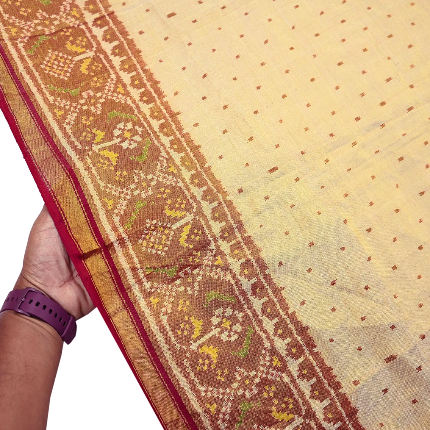 Indian Vintage Golden Dupatta Long Stole Hand woven Ikat Patola Hijab Pure Silk Scarves Veil Fringes