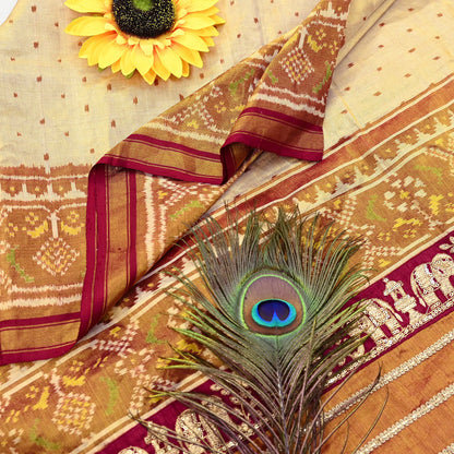 Indian Vintage Golden Dupatta Long Stole Hand woven Ikat Patola Hijab Pure Silk Scarves Veil Fringes