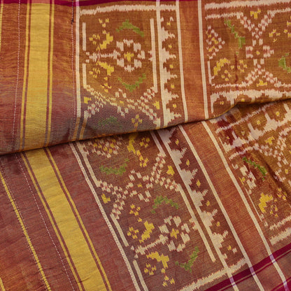 Indian Vintage Golden Dupatta Long Stole Hand woven Ikat Patola Hijab Pure Silk Scarves Veil Fringes