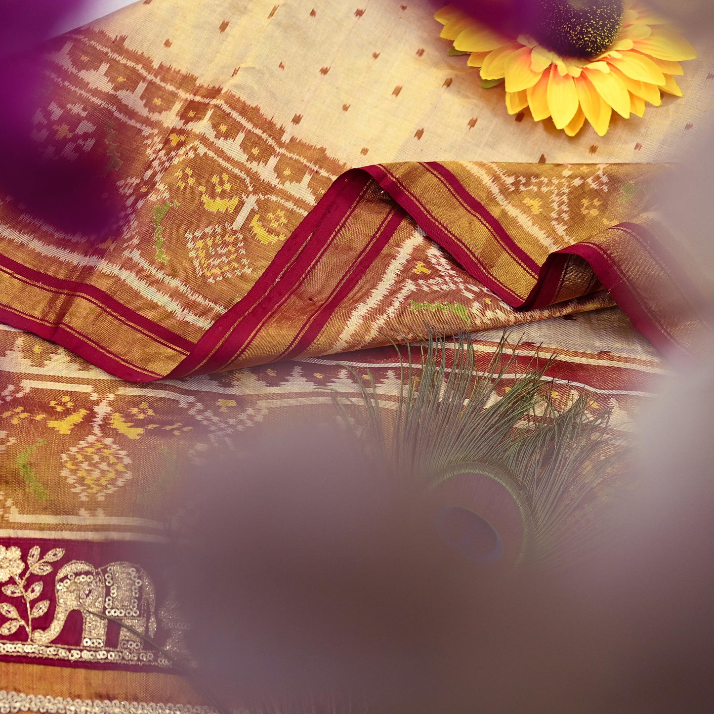 Indian Vintage Golden Dupatta Long Stole Hand woven Ikat Patola Hijab Pure Silk Scarves Veil Fringes