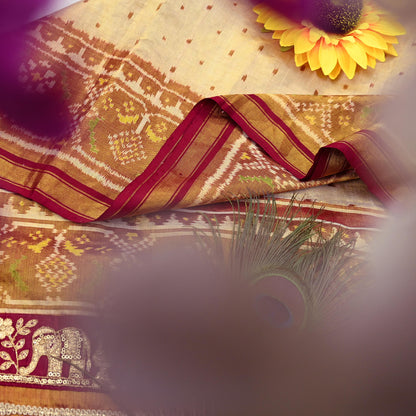 Indian Vintage Golden Dupatta Long Stole Hand woven Ikat Patola Hijab Pure Silk Scarves Veil Fringes