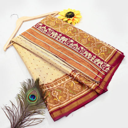 Indian Vintage Golden Dupatta Long Stole Hand woven Ikat Patola Hijab Pure Silk Scarves Veil Fringes