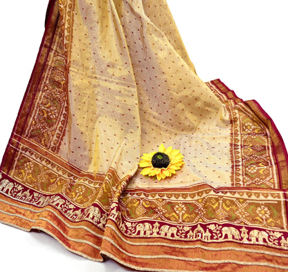 Indian Vintage Golden Dupatta Long Stole Hand woven Ikat Patola Hijab Pure Silk Scarves Veil Fringes