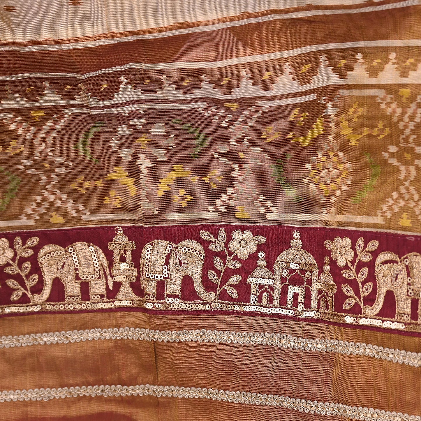 Indian Vintage Golden Dupatta Long Stole Hand woven Ikat Patola Hijab Pure Silk Scarves Veil Fringes