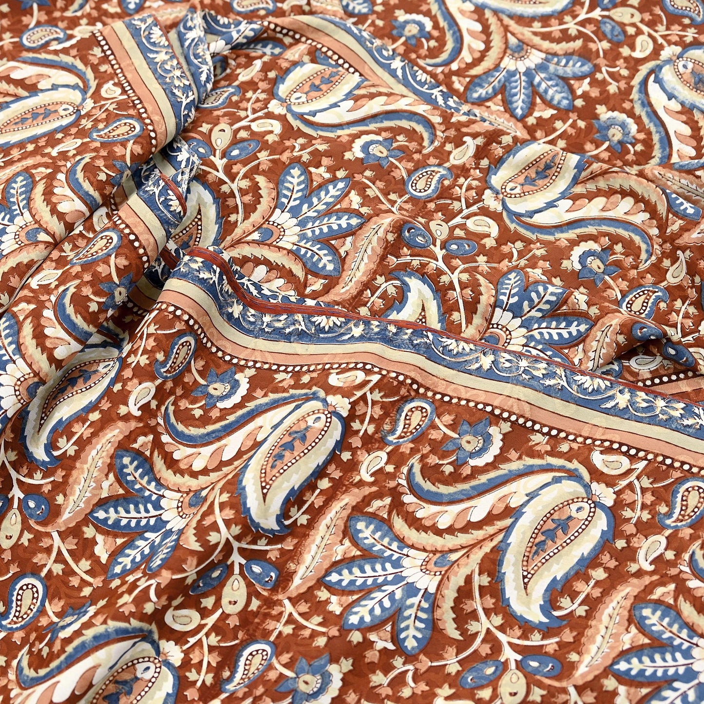 Indian Vintage Saree Brown & Gray Moss Crepe Printed Sari 5 Yards Floral Soft Fabric for Sewing, Dressmaking, Crafting, Quilting