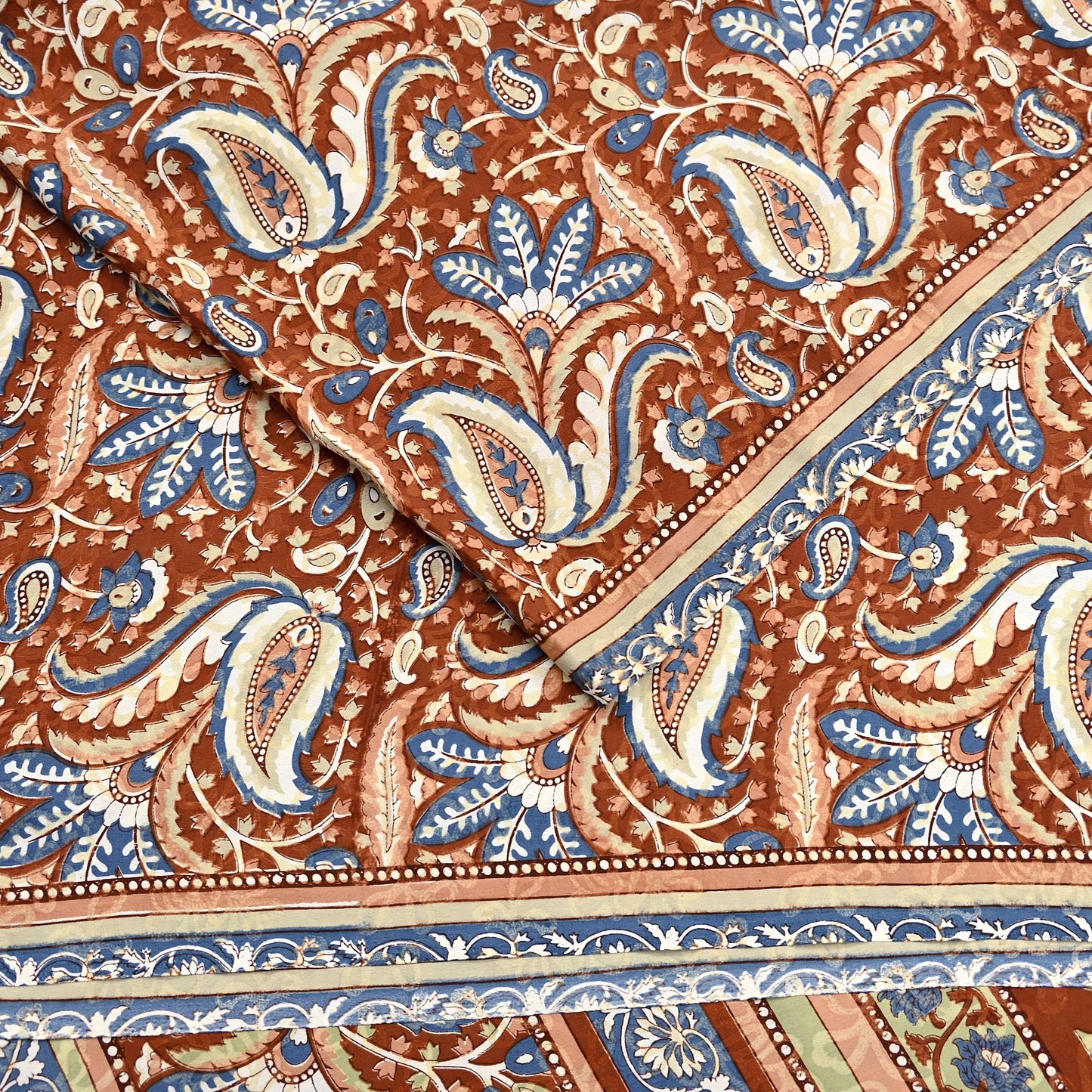 Indian Vintage Saree Brown & Gray Moss Crepe Printed Sari 5 Yards Floral Soft Fabric for Sewing, Dressmaking, Crafting, Quilting