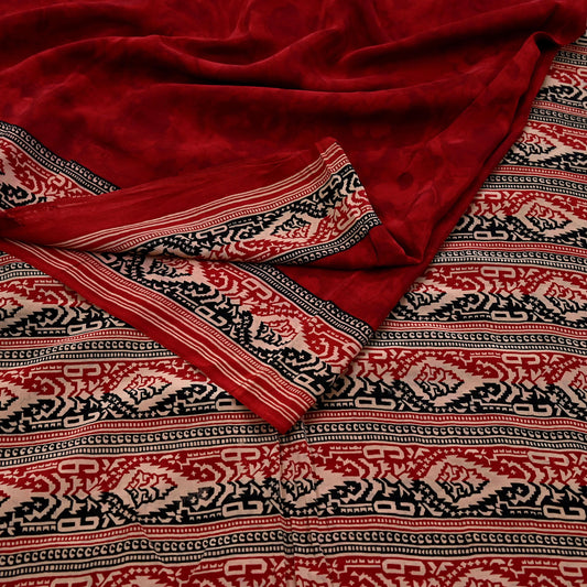Indian Vintage Sari Maroon Pure Crepe Silk Block Printed Saree 5yard Sewing Quilting Floral Soft Craft Fabric Wrap