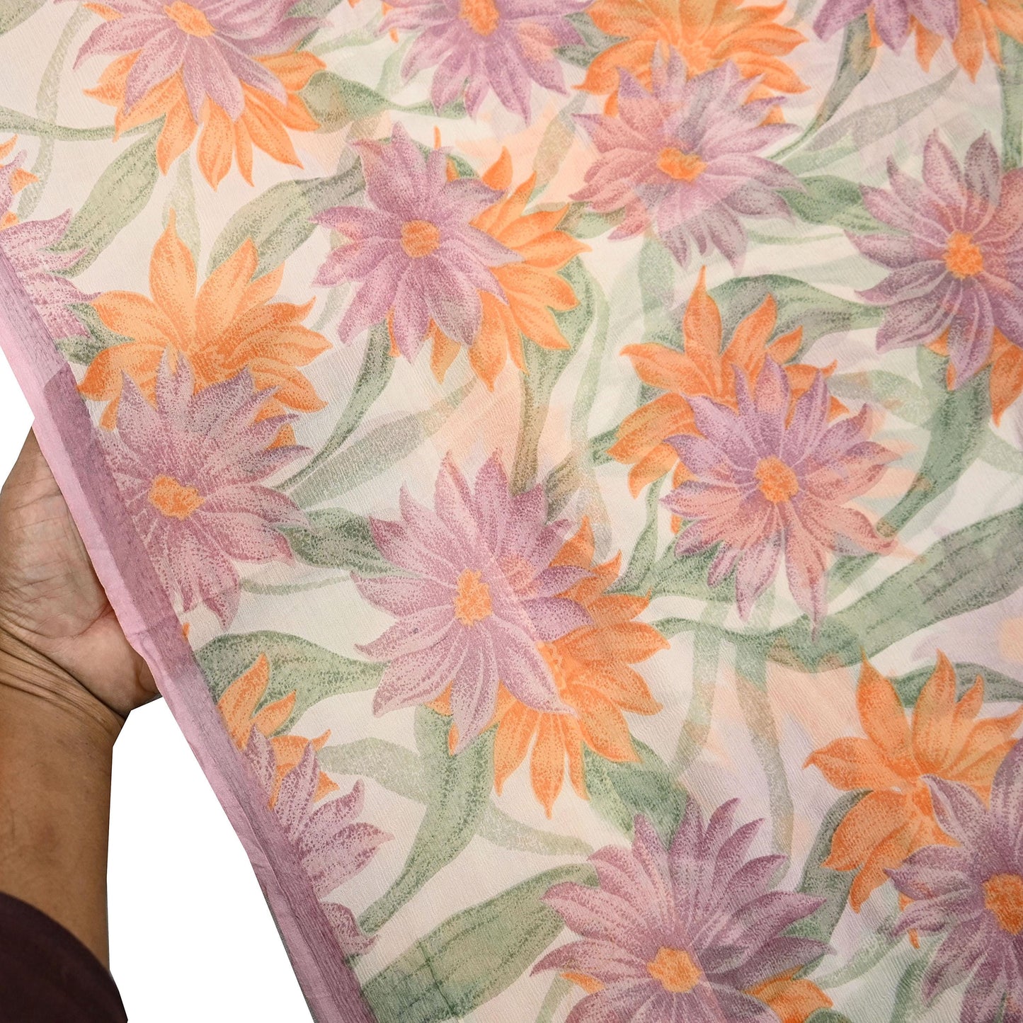 Women Vintage Sari Ivory Pure Chiffon Silk Printed Sarees Craft Fabric Sewing 5Yd Soft Dress Making Crafting Quilting Upcycle Used