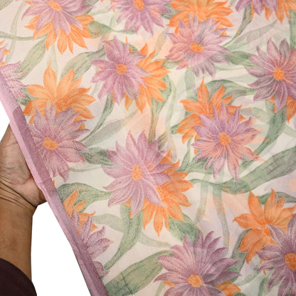 Women Vintage Sari Ivory Pure Chiffon Silk Printed Sarees Craft Fabric Sewing 5Yd Soft Dress Making Crafting Quilting Upcycle Used