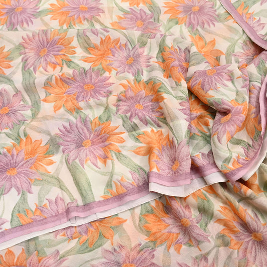 Women Vintage Sari Ivory Pure Chiffon Silk Printed Sarees Craft Fabric Sewing 5Yd Soft Dress Making Crafting Quilting Upcycle Used