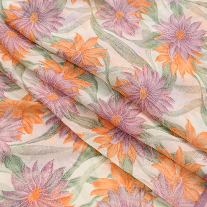 Women Vintage Sari Ivory Pure Chiffon Silk Printed Sarees Craft Fabric Sewing 5Yd Soft Dress Making Crafting Quilting Upcycle Used