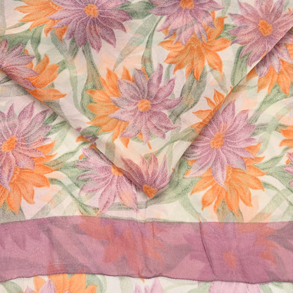 Women Vintage Sari Ivory Pure Chiffon Silk Printed Sarees Craft Fabric Sewing 5Yd Soft Dress Making Crafting Quilting Upcycle Used