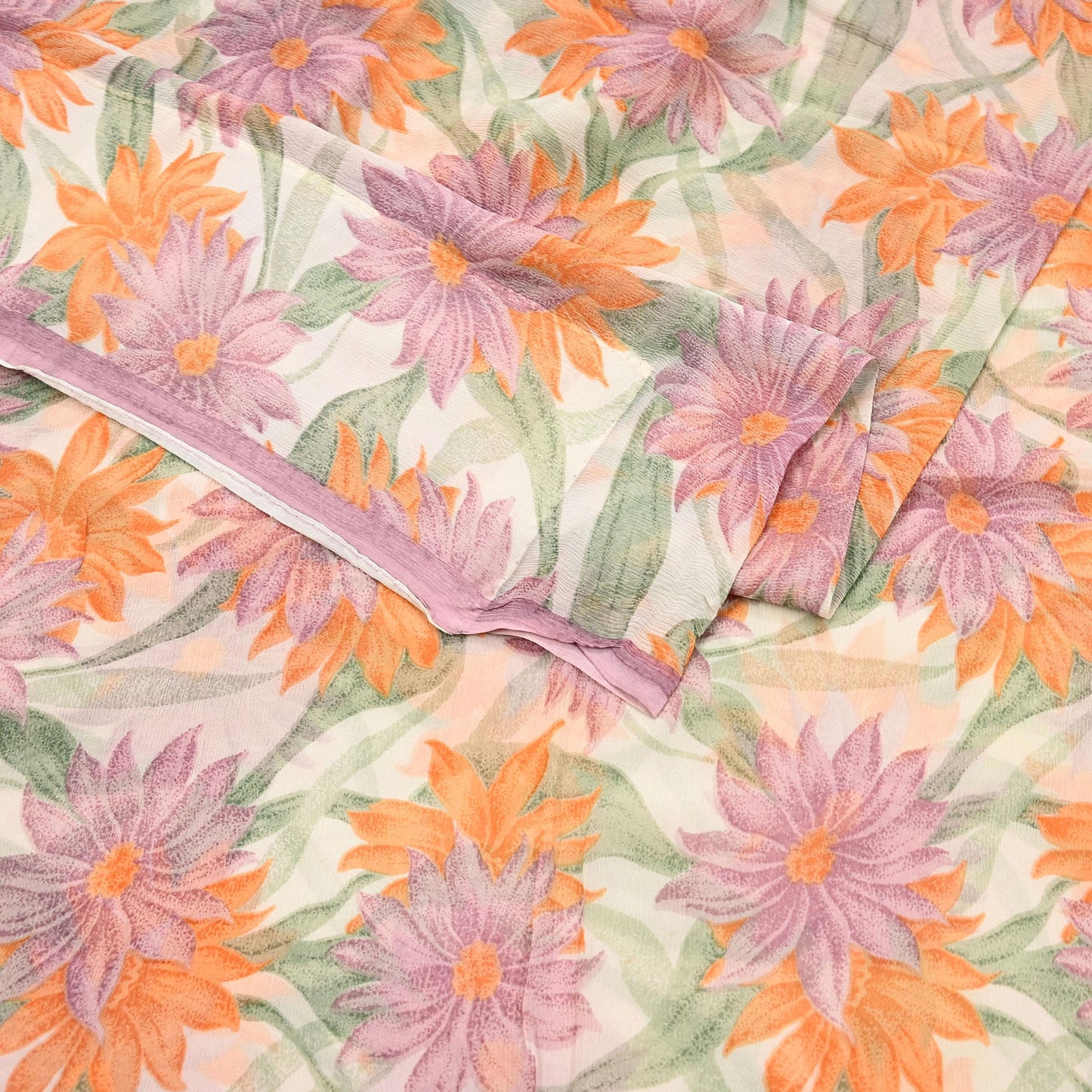 Women Vintage Sari Ivory Pure Chiffon Silk Printed Sarees Craft Fabric Sewing 5Yd Soft Dress Making Crafting Quilting Upcycle Used