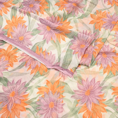 Women Vintage Sari Ivory Pure Chiffon Silk Printed Sarees Craft Fabric Sewing 5Yd Soft Dress Making Crafting Quilting Upcycle Used