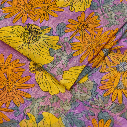 Vintage Sari Purple 100% Pure Chiffon Silk Printed Sarees Sewing 5yd Craft Fabric Soft Dress Designing for Crafting Floral Quilting Upcycle