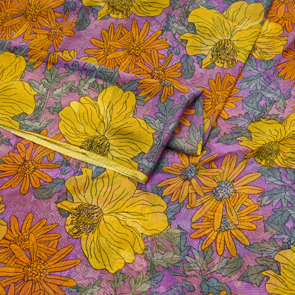 Vintage Sari Purple 100% Pure Chiffon Silk Printed Sarees Sewing 5yd Craft Fabric Soft Dress Designing for Crafting Floral Quilting Upcycle